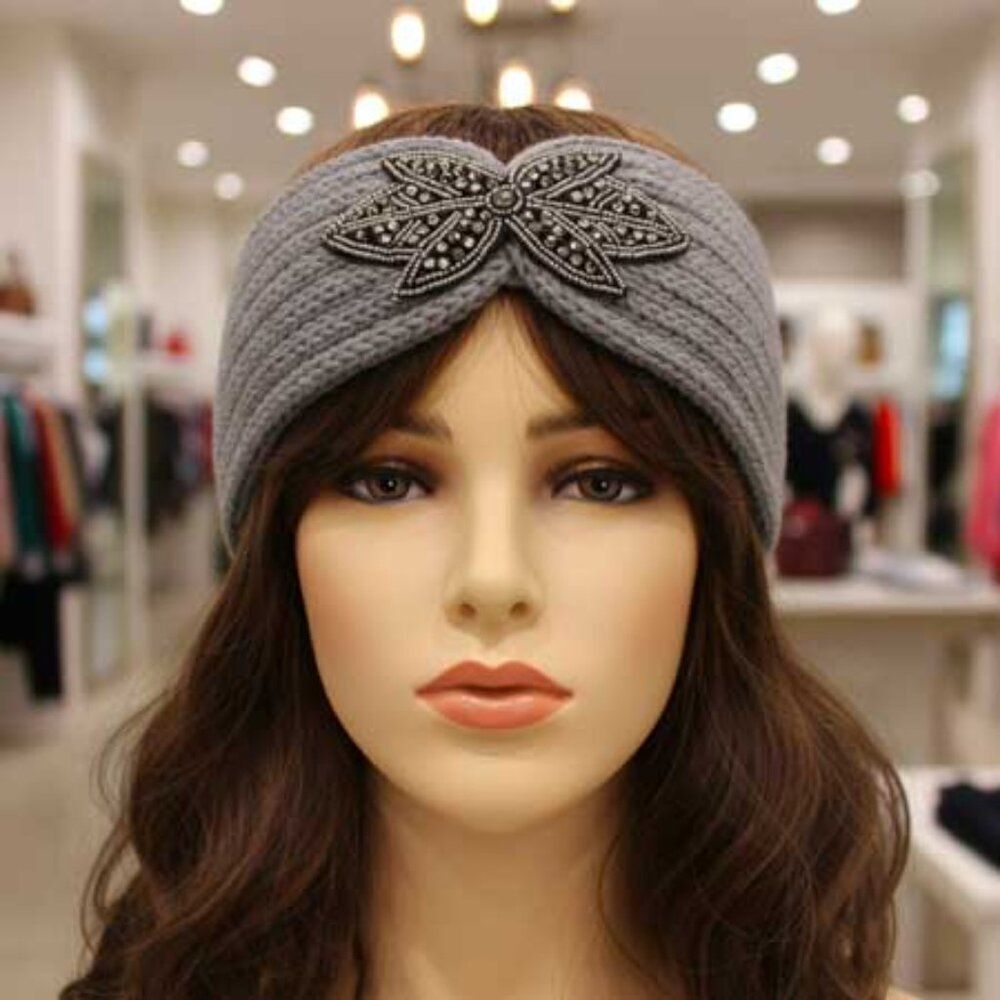 Ladies Grey Floral Headband - Ladies Gray Winter Flower Ear Warmer